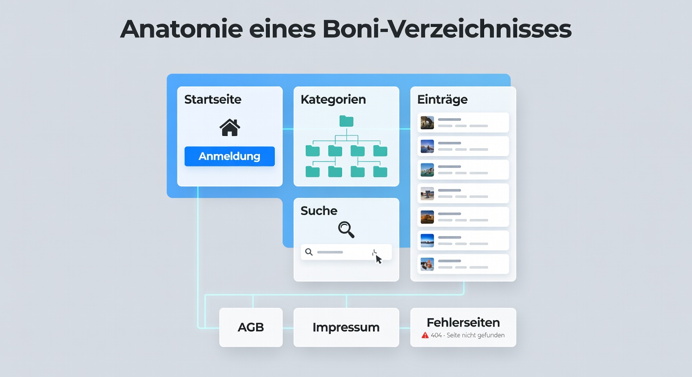 Übersicht über die Startseite eines typischen Boni-Verzeichnisses mit Kategorien und Suchfunktion