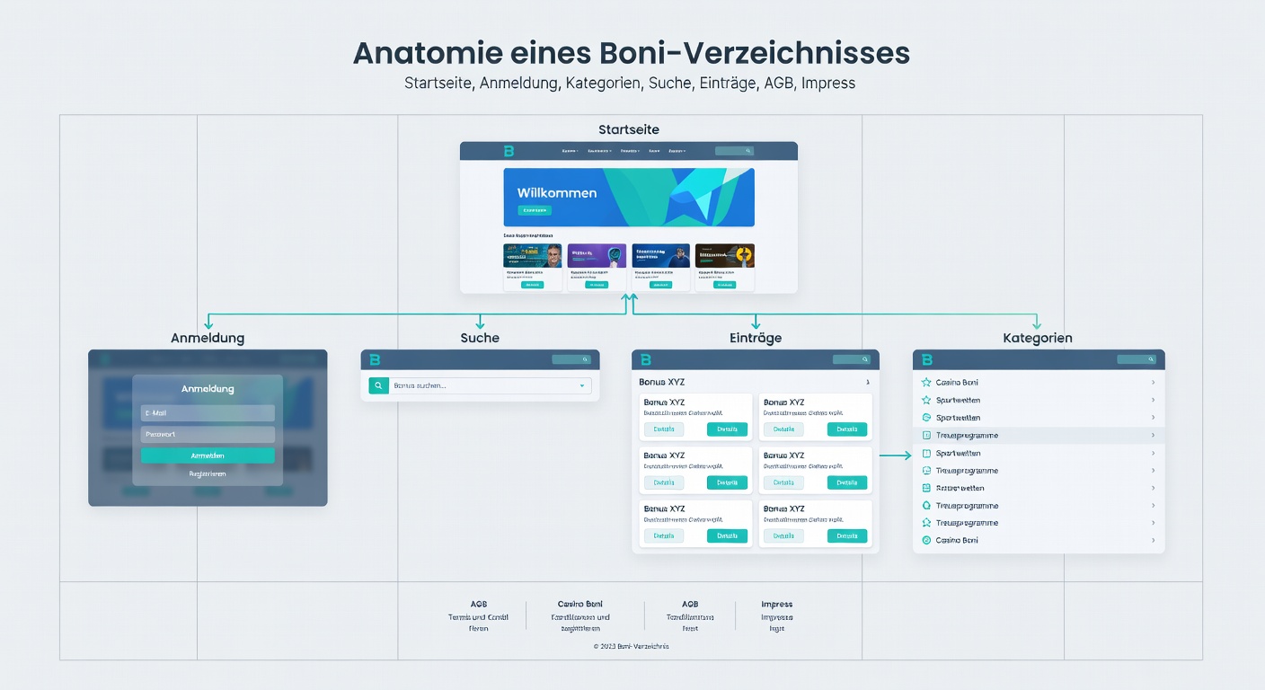 Detaillierte Ansicht von Kategorien und Suchergebnissen in einem Boni-Verzeichnis