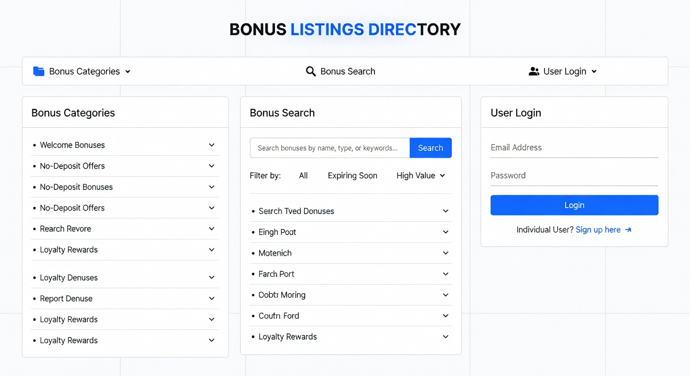 Detaillierte Ansicht einer Bonus-Suchergebnis-Seite mit Filtern und Login-Option