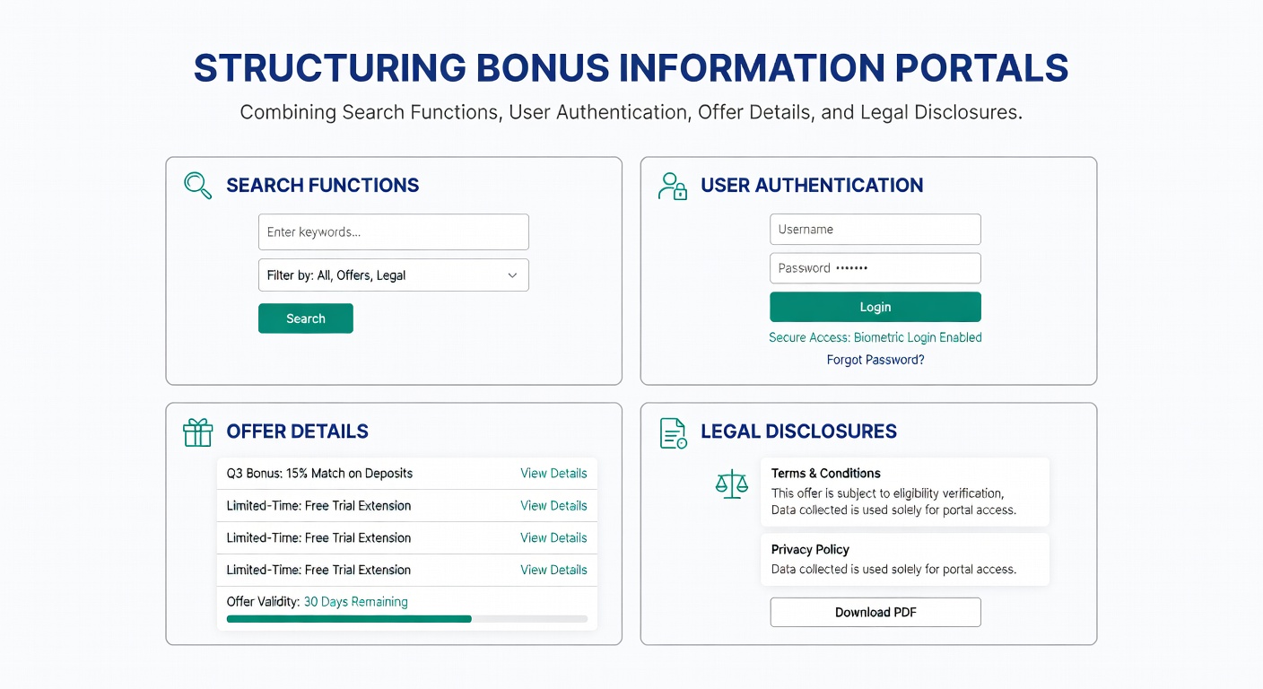 Übersicht über die Struktur eines Bonus-Informationsportals mit integrierten Suchfunktionen und Authentifizierung